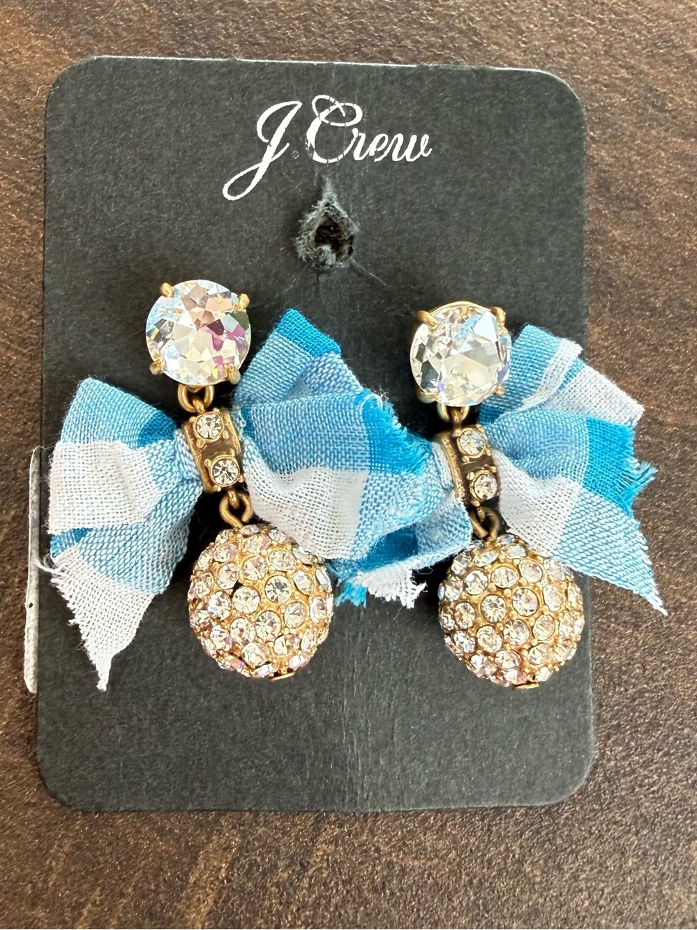 J. Crew Pavé Crystal Drop Earrings Blue Gingham Liberty Bow NWT